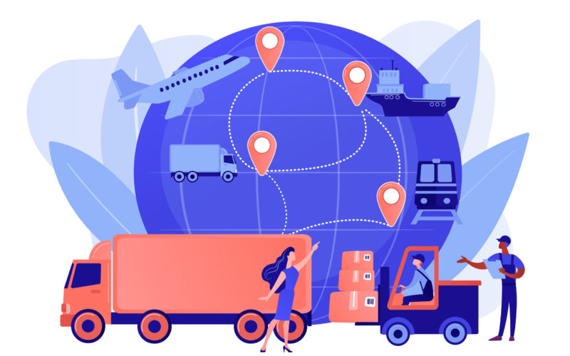 Warehouse worker transporting goods. Freight shipping types. Business logistics, smart logistics technologies, commercial delivery service concept. Pinkish coral bluevector isolated illustration